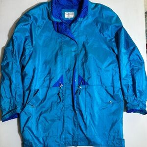 Vintage 90s Long Windbreaker jacket bright blue teal lots of pockets